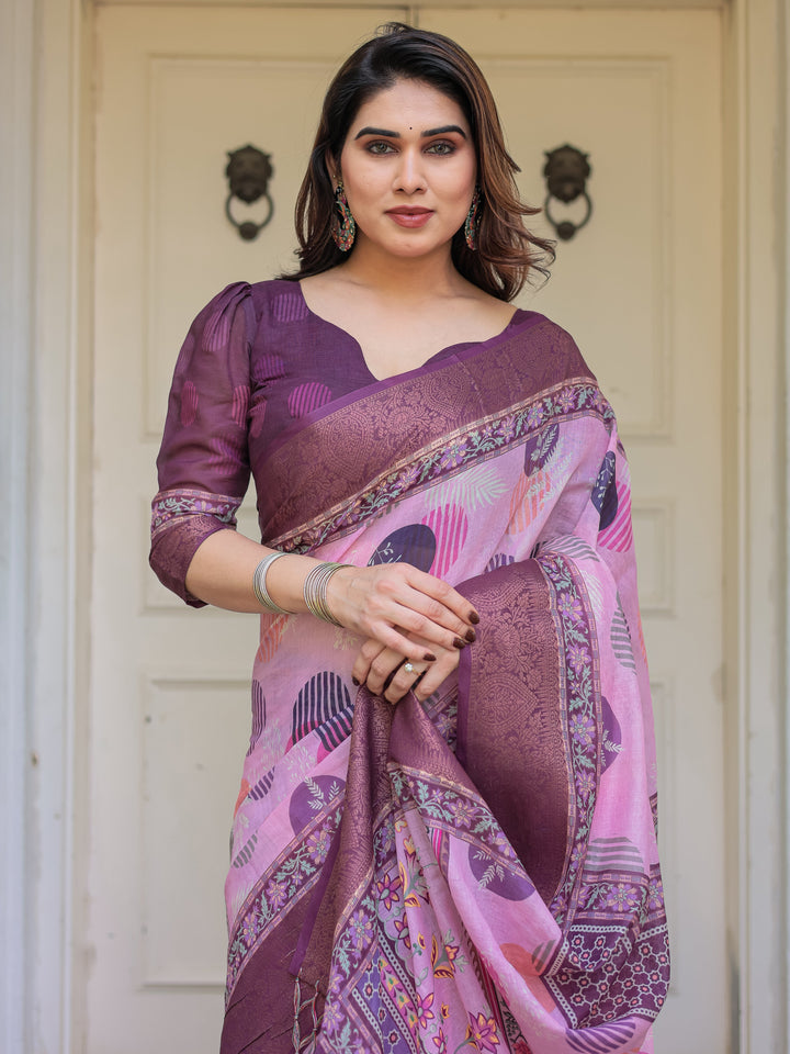 Dusty Pink & Plum Handloom Cotton Printed Saree with Zari Border & Tassels – Ethnic Traditional Wear