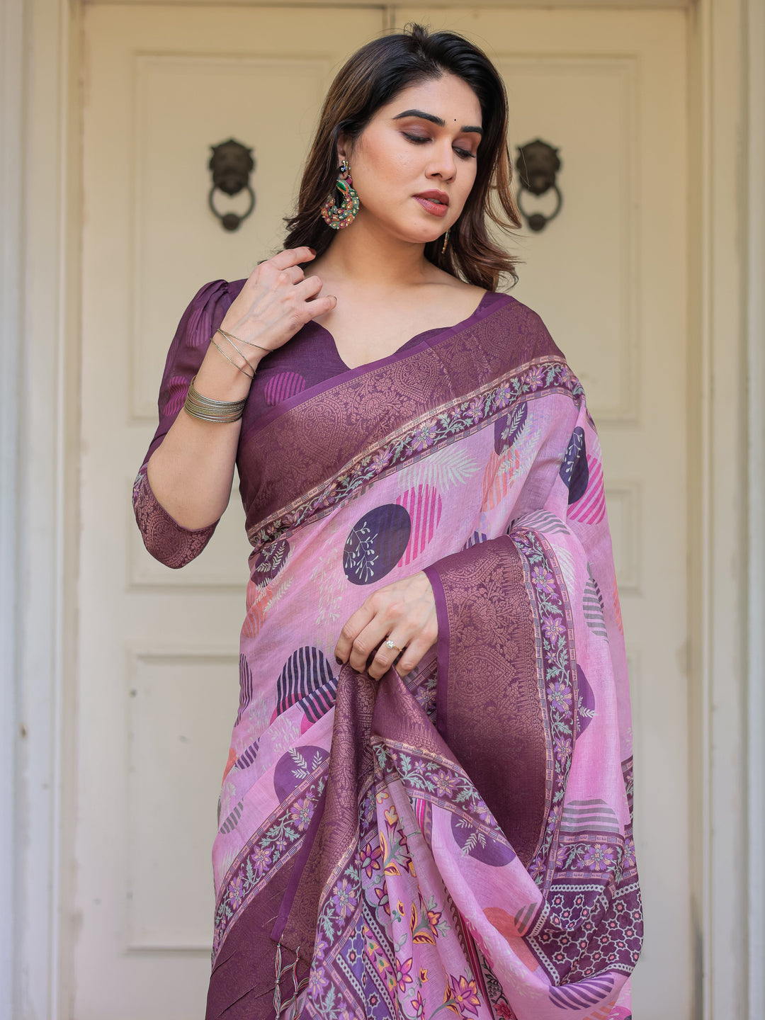 Dusty Pink & Plum Handloom Cotton Printed Saree with Zari Border & Tassels – Ethnic Traditional Wear