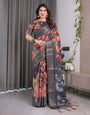 Black Organza-Feel Saree with Red & Grey Floral Digital Prints and Zari Border | Festive Lightweight Drape | 5.5m Saree + 0.8m Blouse Piece