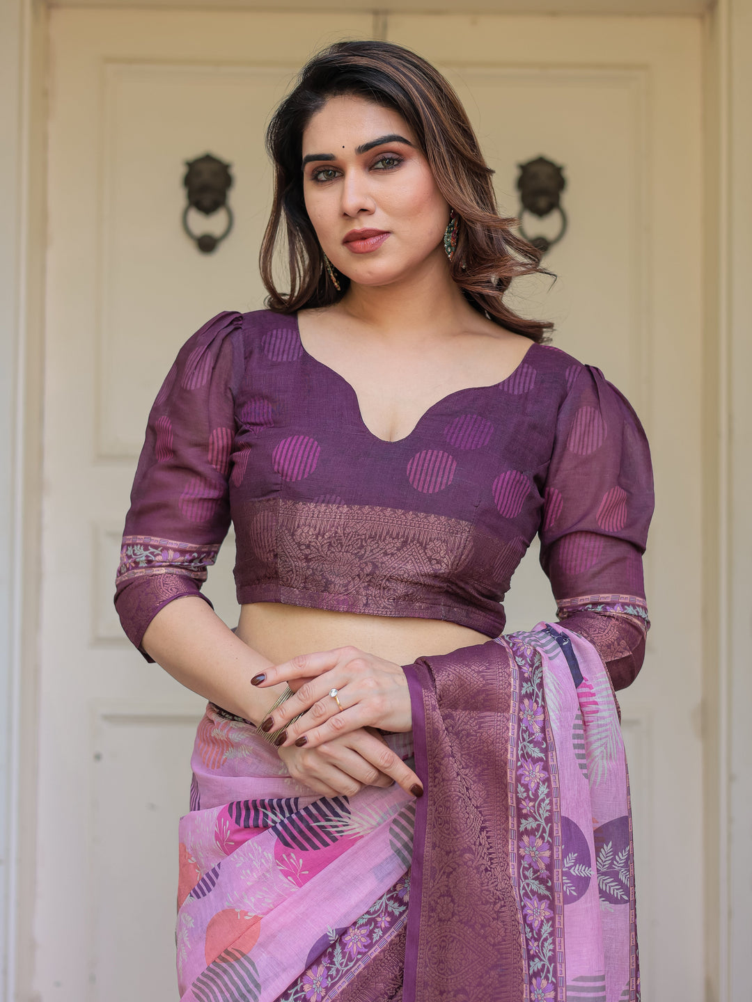 Dusty Pink & Plum Handloom Cotton Printed Saree with Zari Border & Tassels – Ethnic Traditional Wear