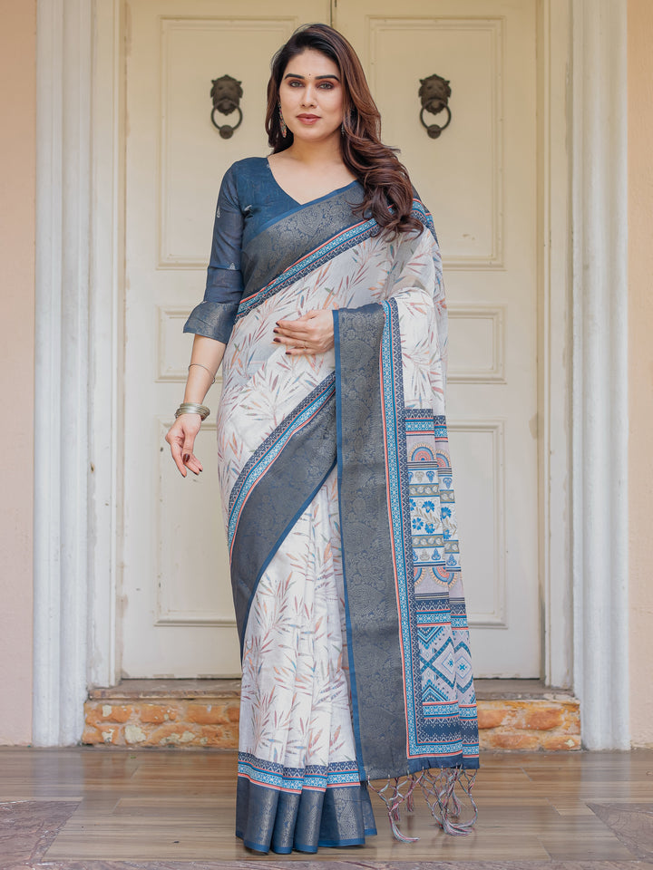 Steel Grey & Teal Handloom Cotton Printed Saree with Zari Border & Tassels – Classic Ethnic Wear