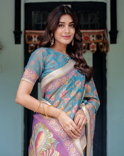 Aqua Blue Handloom Cotton Saree with Multicolor Floral Print & Royal Simha-Pakshi Pallu