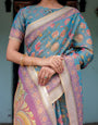 Aqua Blue Handloom Cotton Saree with Multicolor Floral Print & Royal Simha-Pakshi Pallu