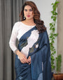 Midnight Blue Satin Georgette White Rose Printed Saree with Attached Blouse – Elegant Designer Saree for Festive & Evening Wear