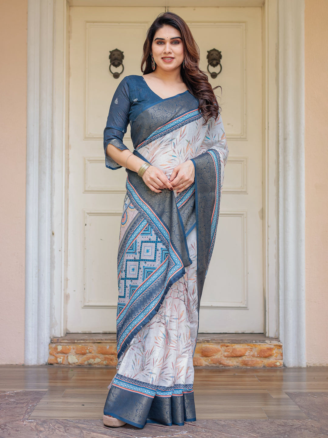 Steel Grey & Teal Handloom Cotton Printed Saree with Zari Border & Tassels – Classic Ethnic Wear