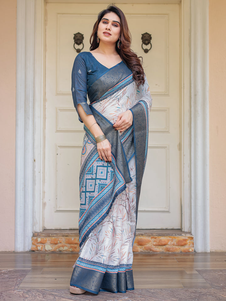 Steel Grey & Teal Handloom Cotton Printed Saree with Zari Border & Tassels – Classic Ethnic Wear