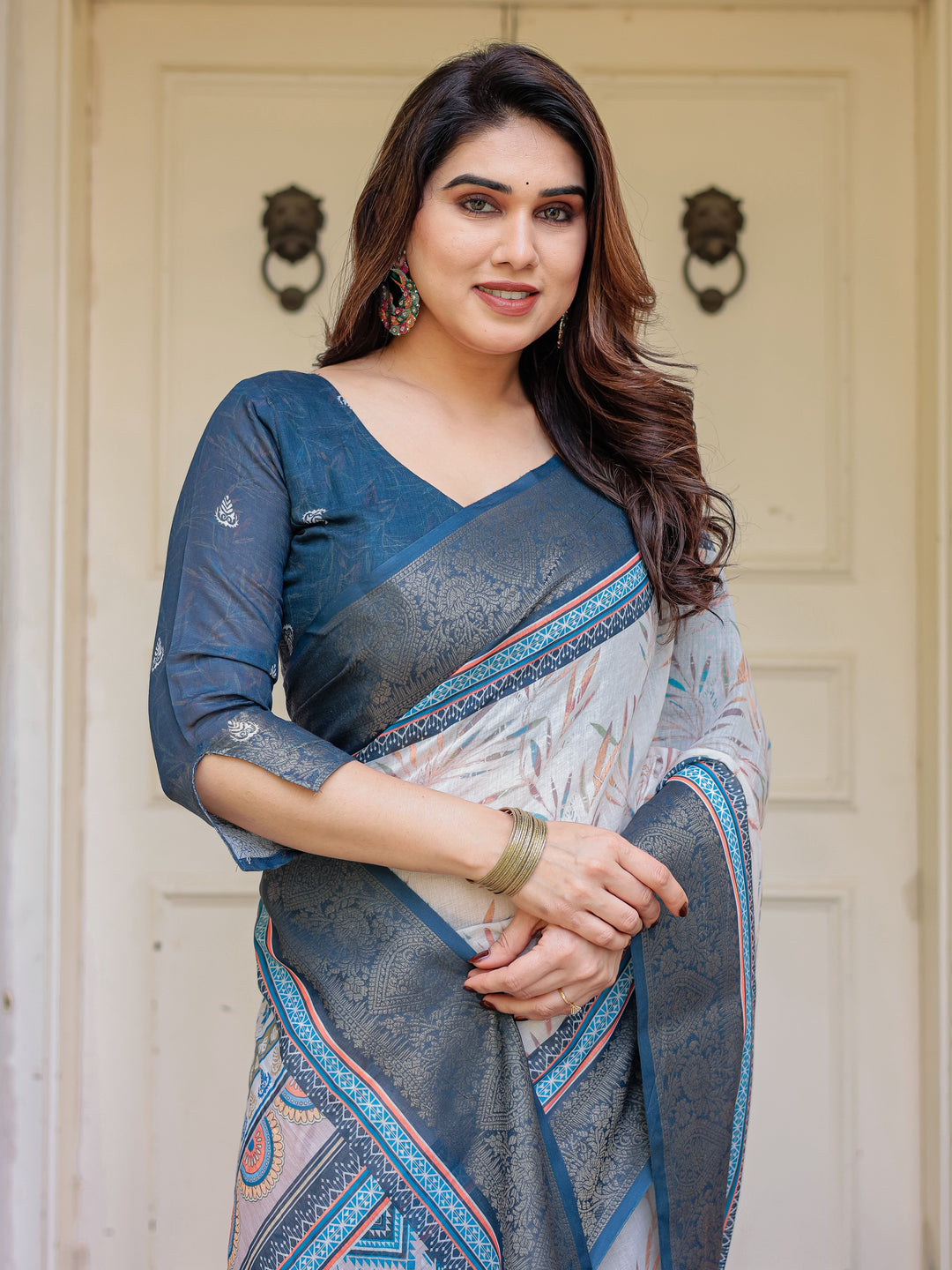 Steel Grey & Teal Handloom Cotton Printed Saree with Zari Border & Tassels – Classic Ethnic Wear