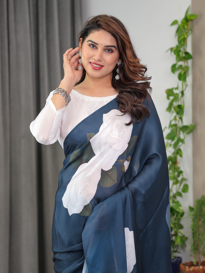 Midnight Blue Satin Georgette White Rose Printed Saree with Attached Blouse – Elegant Designer Saree for Festive & Evening Wear