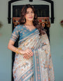Icy Blue Handloom Cotton Saree with Peach Elephant Motifs & Royal Procession Pallu