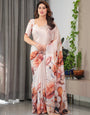 Ivory Beige Satin Georgette Abstract Floral Printed Saree with Attached Blouse – Elegant Designer Saree for Festive & Sophisticated Wear