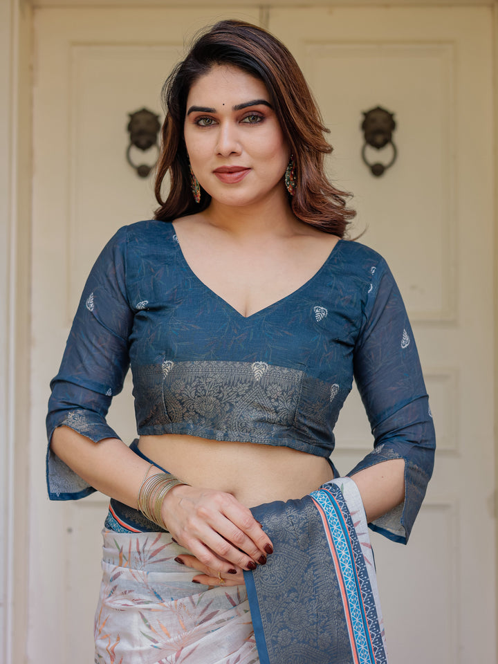 Steel Grey & Teal Handloom Cotton Printed Saree with Zari Border & Tassels – Classic Ethnic Wear