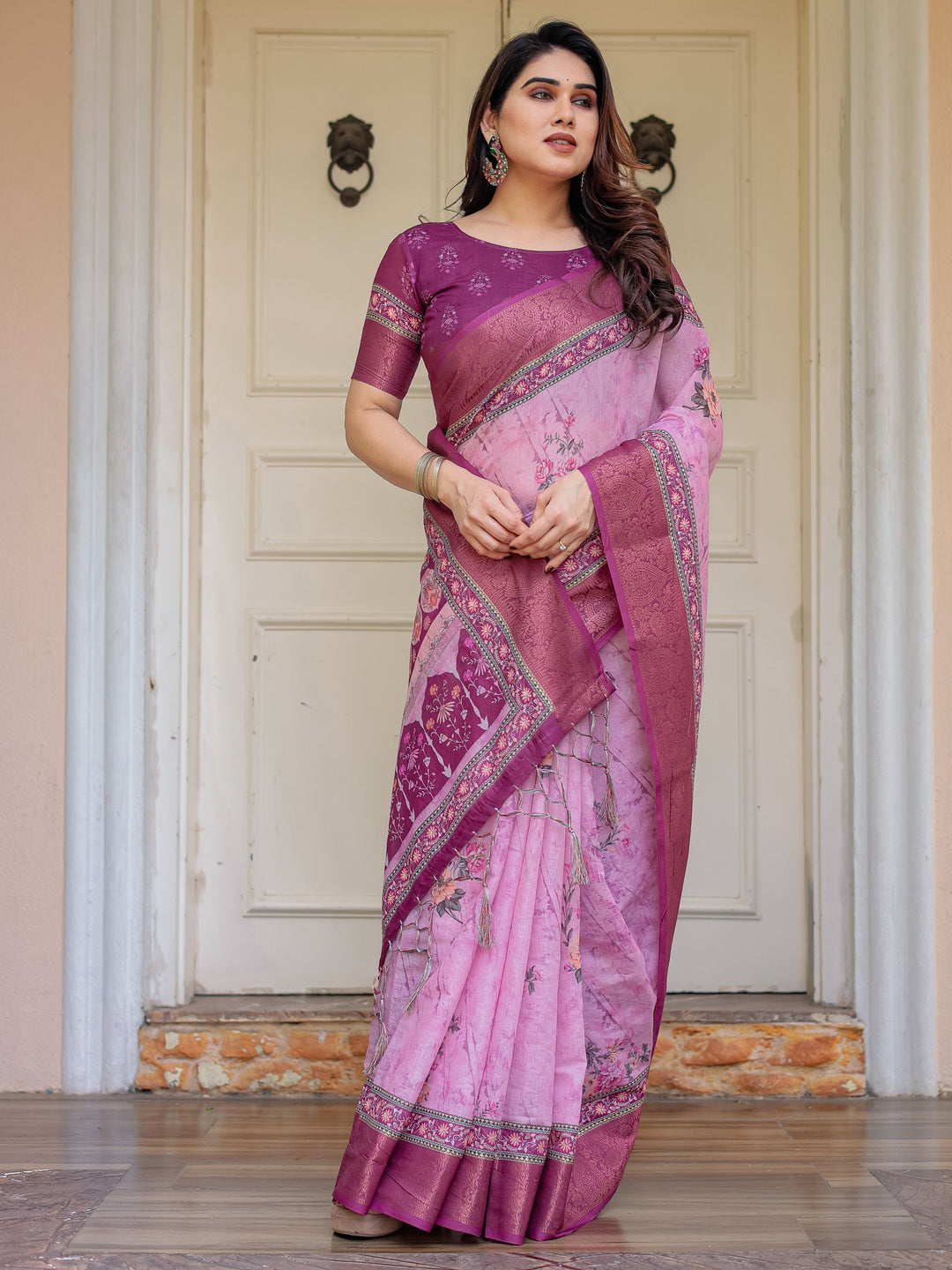 Rose Pink & Magenta Handloom Cotton Floral Printed Saree with Zari Border & Tassels – Traditional Ethnic Wear