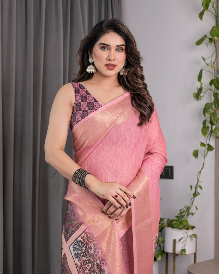 Peach Handloom Cotton Saree with Illustrated Story Panel Prints & Zari Border | Artistic Ethnic Wear | 5.5m Saree + 0.8m Blouse Piece