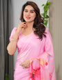 Blush Pink Satin Georgette Abstract Floral Printed Saree with Attached Blouse – Soft Pastel Designer Saree for Festive & Elegant Wear
