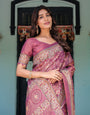 Plum Rose Handloom Cotton Saree with Floral Buttas & Traditional Peacock Medallion Pallu