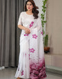 Pearl White Satin Georgette Ombre Floral Printed Saree with Attached Blouse – Elegant Rose Print Designer Saree for Festive & Party Wear
