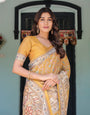 Golden Mustard Handloom Cotton Saree with Floral Vines & Graceful Deer Pallu