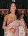 Beige & Maroon Handloom Cotton Saree with Floral Vine Print & Mythical Madhubani Cow Pallu