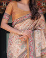 Beige & Maroon Handloom Cotton Saree with Floral Vine Print & Mythical Madhubani Cow Pallu