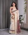 Ivory Handloom Linen Saree with Maroon Tribal Digital Print & Zari Border | Ethnic Chic | 5.5m Saree + 0.8m Blouse