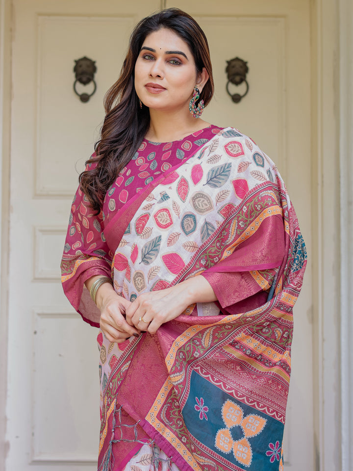 Off-White & Rani Pink Handloom Cotton Leaf Printed Saree with Zari Border & Tassels – Traditional Ethnic Wear