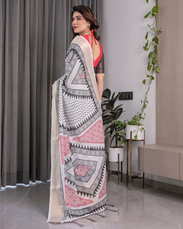 Ivory Handloom Linen Saree with Black & Red Geometric Tribal Print and Zari Border | Bold Ethnic Drape | 5.5m Saree + 0.8m Blouse