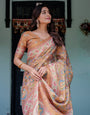 Terracotta Peach Handloom Cotton Saree with Multicolor Floral Vines & Kalamkari-Inspired Pallu