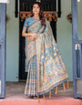 Divine Blue Handloom Cotton Saree with Shankh & Krishna Pallu Motifs – Temple Border & Tassels
