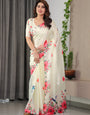 Ivory Cream Satin Georgette Floral & Bird Printed Saree with Attached Blouse – Elegant Nature-Inspired Designer Saree