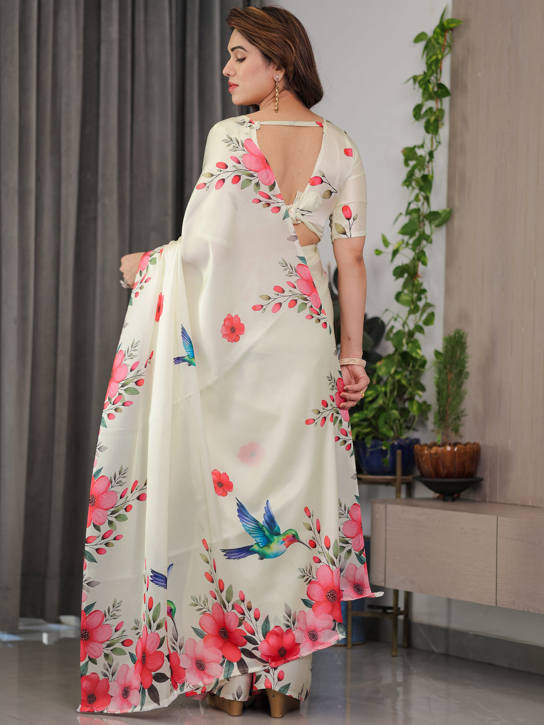 Ivory Cream Satin Georgette Floral & Bird Printed Saree with Attached Blouse – Elegant Nature-Inspired Designer Saree