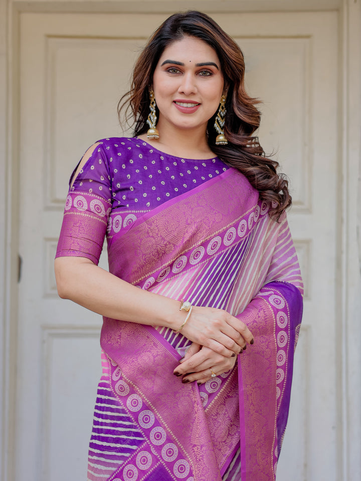 Royal Purple & Rani Pink Dual Tone Silk Saree with Gold Zari Circular Motifs, Striped Pallu & Tassels – Festive Traditional Wear