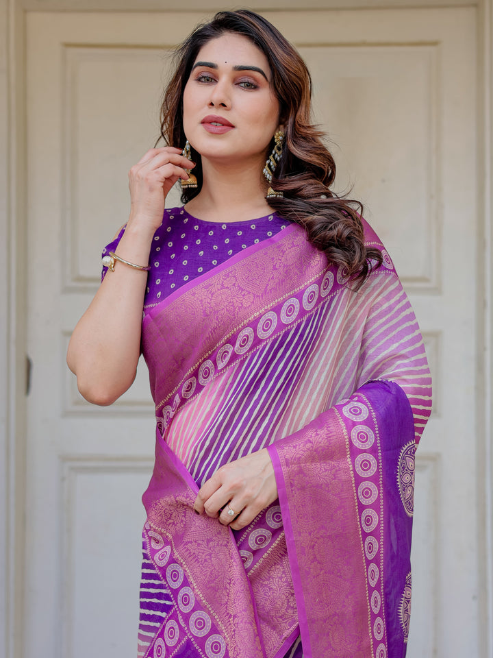 Royal Purple & Rani Pink Dual Tone Silk Saree with Gold Zari Circular Motifs, Striped Pallu & Tassels – Festive Traditional Wear