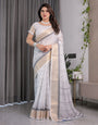 White & Grey Handloom Linen Saree with Tribal Village Print, Zari Borders & Tassel Pallu | 5.5m Saree + 0.8m Blouse