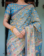 Divine Blue Handloom Cotton Saree with Shankh & Krishna Pallu Motifs – Temple Border & Tassels
