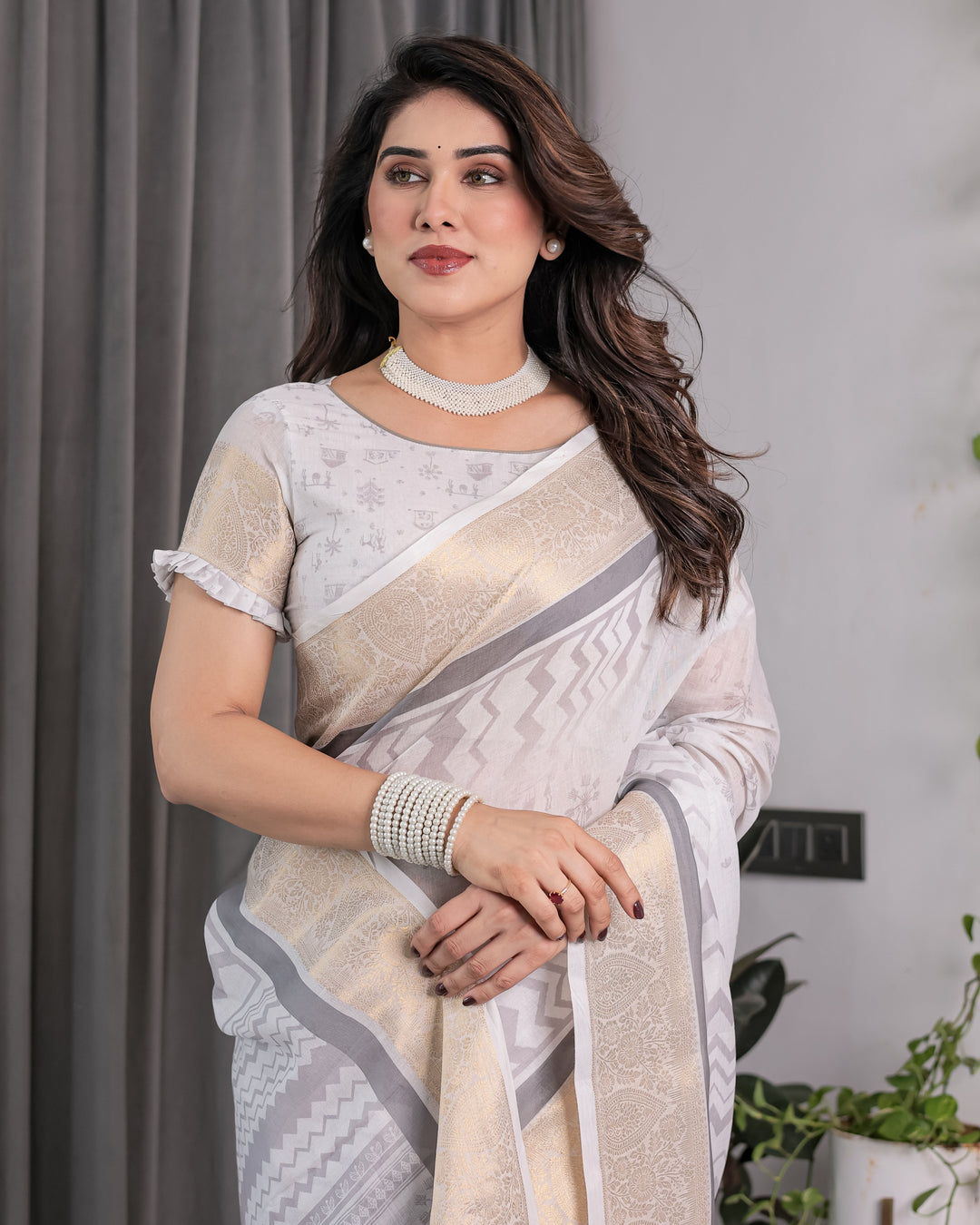 White & Grey Handloom Linen Saree with Tribal Village Print, Zari Borders & Tassel Pallu | 5.5m Saree + 0.8m Blouse