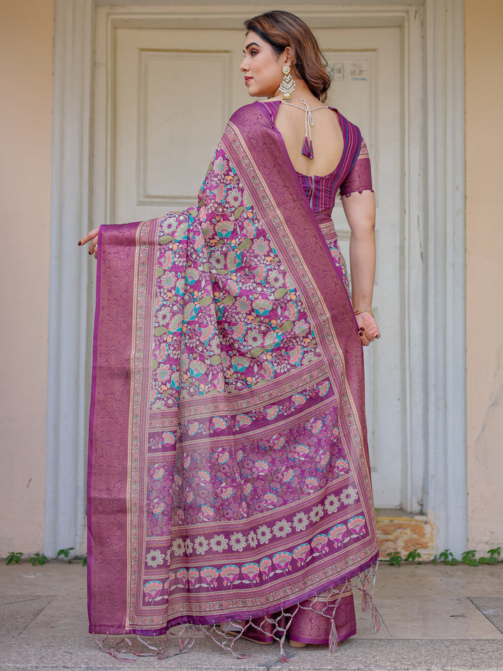 Wine Purple Multicolor Floral Woven Saree with Antique Zari Border & Rich Designer Pallu – Festive Ethnic Wear