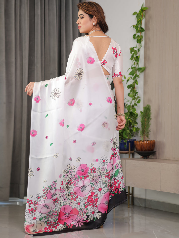 White Satin Georgette Floral Printed Saree with Pink Blossom Border & Attached Blouse – Elegant Lightweight Designer Drape