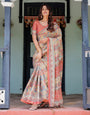 Rust Beige Handloom Cotton Saree with Vibrant Elephant Parade Print & Red Floral Pallu