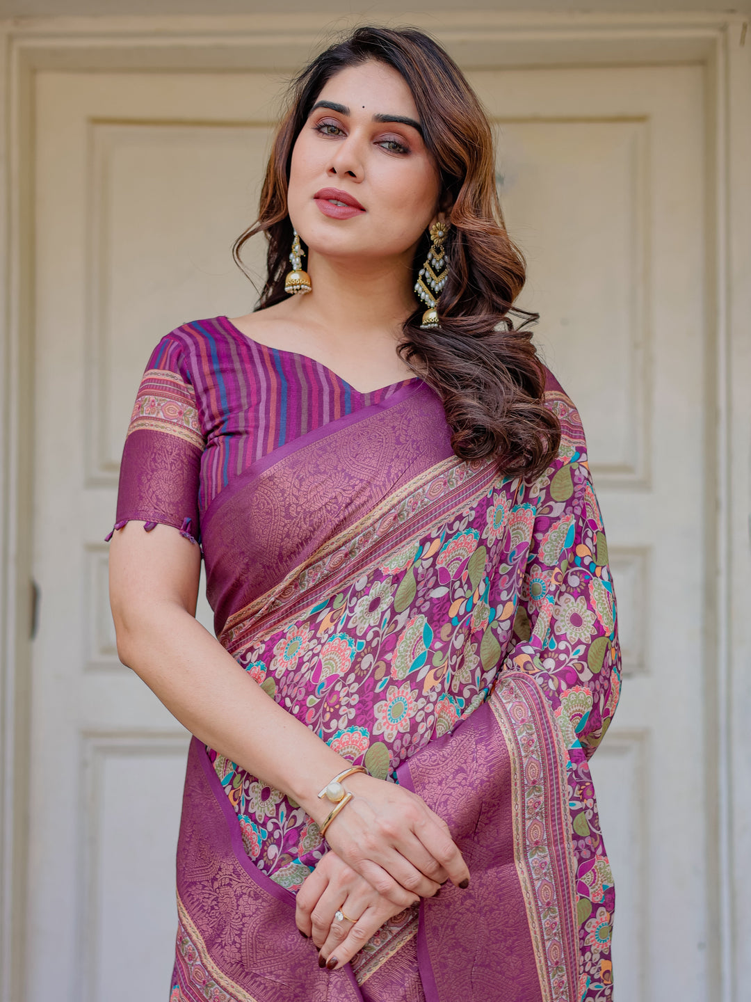 Wine Purple Multicolor Floral Woven Saree with Antique Zari Border & Rich Designer Pallu – Festive Ethnic Wear