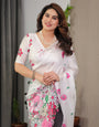 White Satin Georgette Floral Printed Saree with Pink Blossom Border & Attached Blouse – Elegant Lightweight Designer Drape