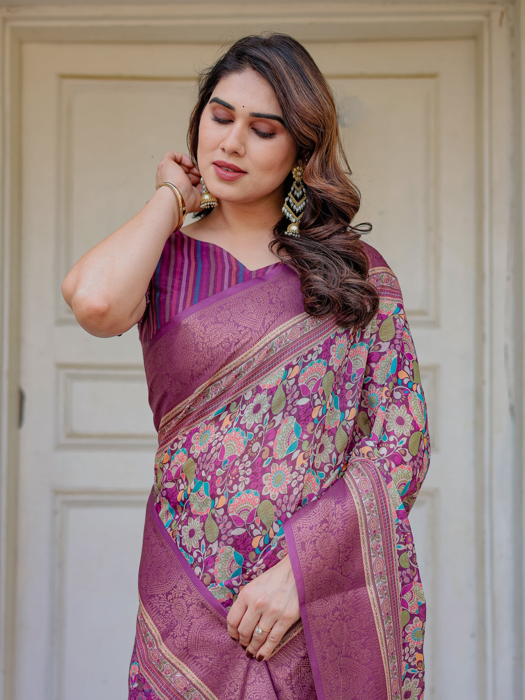 Wine Purple Multicolor Floral Woven Saree with Antique Zari Border & Rich Designer Pallu – Festive Ethnic Wear