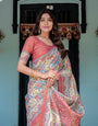 Rust Beige Handloom Cotton Saree with Vibrant Elephant Parade Print & Red Floral Pallu