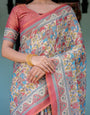 Rust Beige Handloom Cotton Saree with Vibrant Elephant Parade Print & Red Floral Pallu