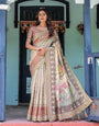 Ivory Brown Handloom Cotton Saree with Classical Dancer Motifs & Madhubani-Inspired Pallu