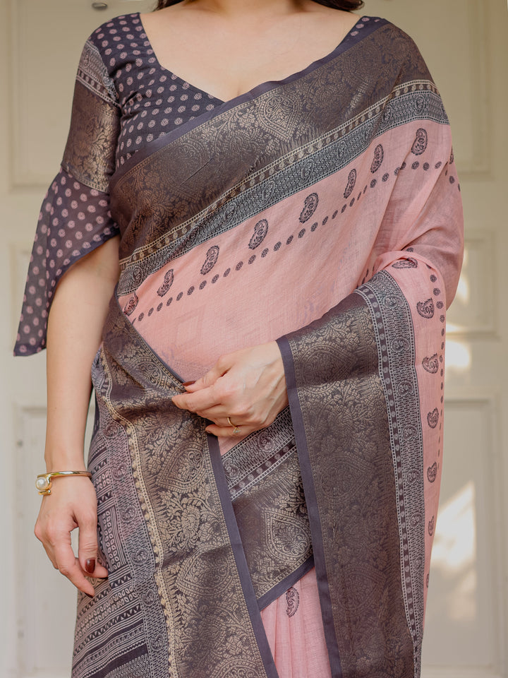 Blush Pink & Charcoal Grey Traditional Woven Saree with Antique Zari Border & Tassels – Elegant Festive Ethnic Wear