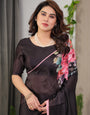 Black Satin Georgette Floral Printed Saree with Soft Pink Border & Attached Blouse – Elegant Designer Partywear Drape