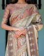 Ivory Brown Handloom Cotton Saree with Classical Dancer Motifs & Madhubani-Inspired Pallu