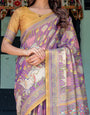 Royal Violet Handloom Cotton Saree with Cow Motifs & Temple Pallu Art