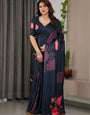 Midnight Navy Blue Satin Georgette Floral Printed Saree with Attached Blouse – Elegant Rose Bloom Designer Drape