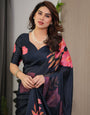 Midnight Navy Blue Satin Georgette Floral Printed Saree with Attached Blouse – Elegant Rose Bloom Designer Drape
